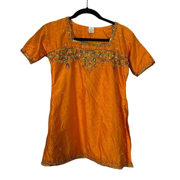 Made in India two piece embellished Top and Pants Beaded Orange Blue Sequins - Picture 1 of 14